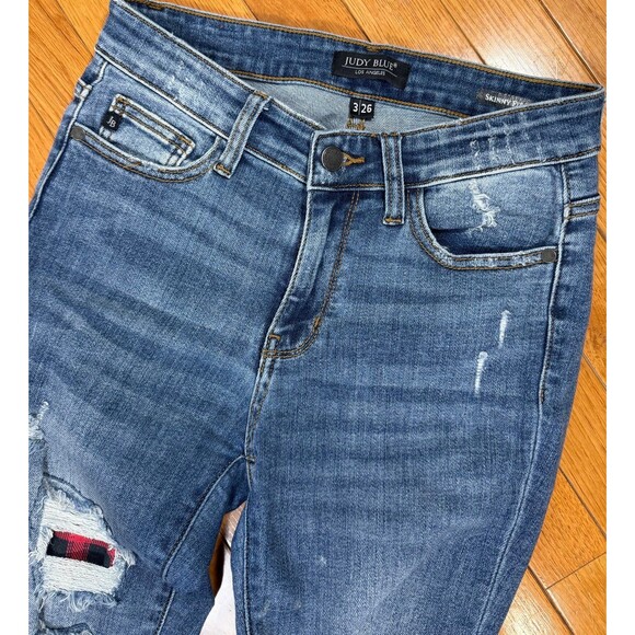 Judy Blue Red Buffalo Plaid Patch Distressed Skinny Jeans 26 - Picture 5 of 8